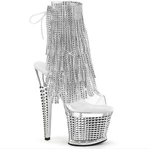 Pleaser 07" Heel, 3" Open Toe/Heel Lace-Up Fringe Ankle Stiletto Platform-sz 8